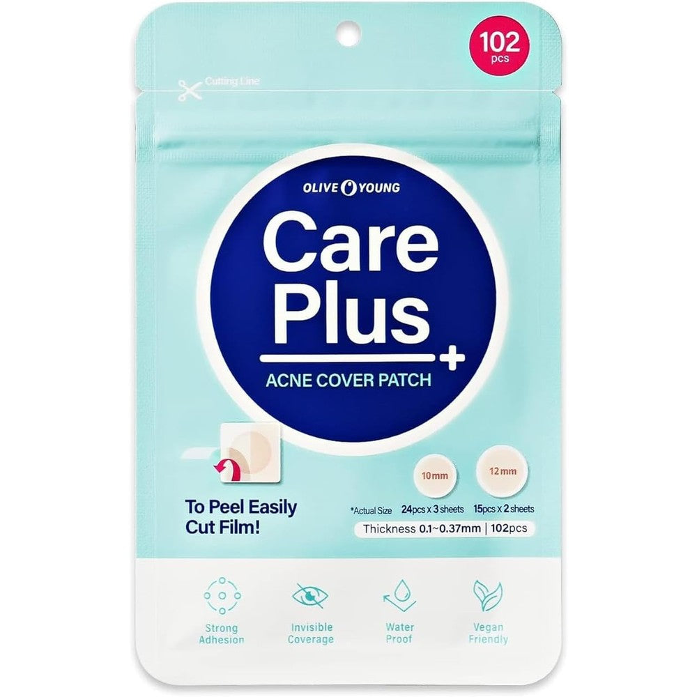 Olive Young Care Plus Spot Patch front packaging showing 102 count blemish stickers