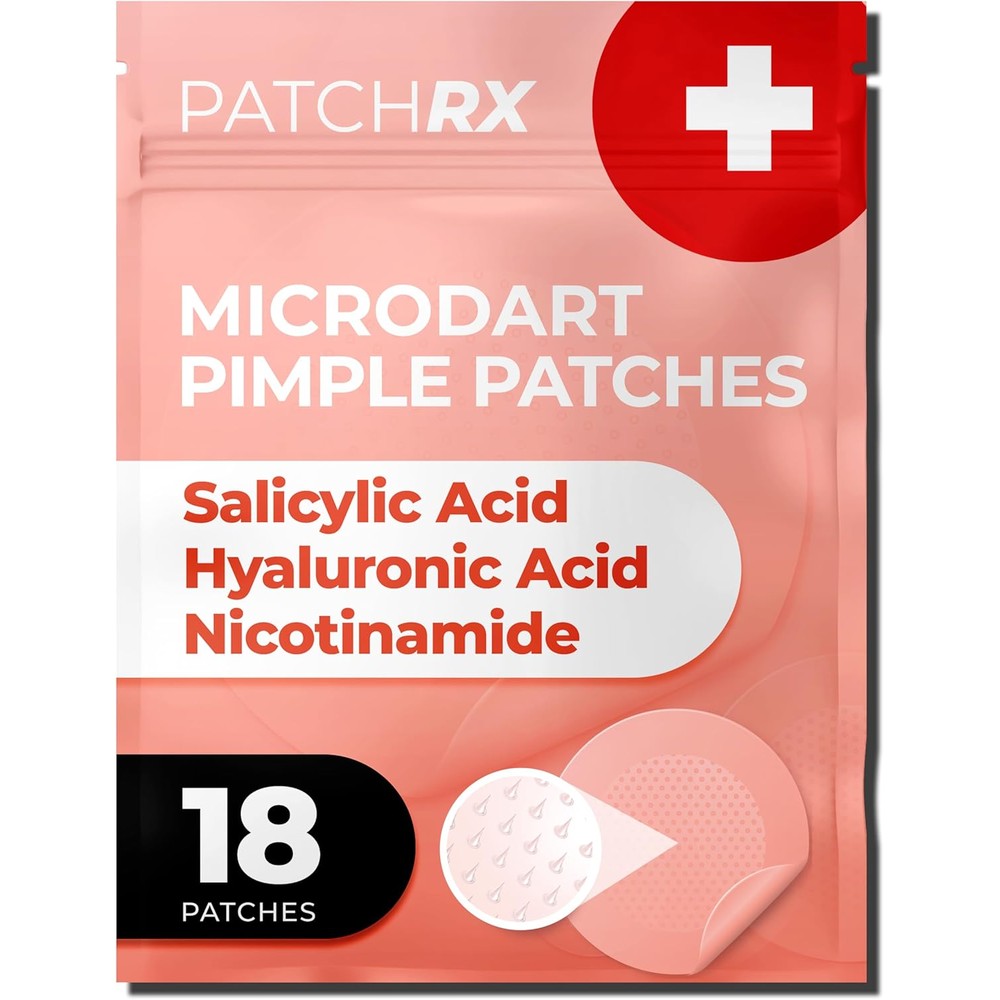 PatchRx Micro Needle Pimple Patch 18 Count front retail packaging showing microdart technology benefits.