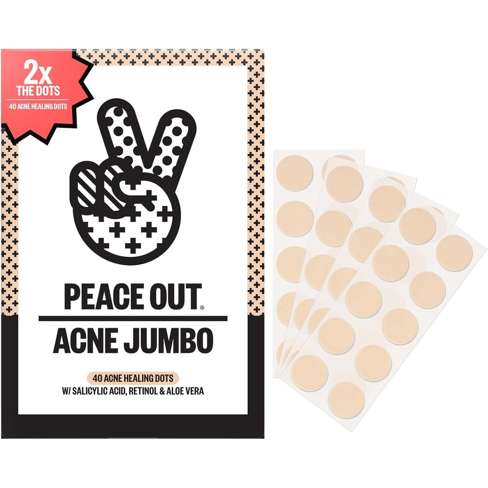 Peace Out Acne Healing Dots front view pack of forty hydrocolloid pimple patches.