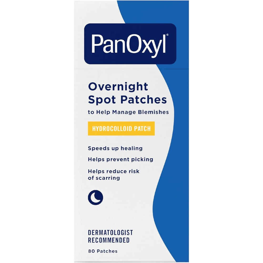 PanOxyl PM Overnight Spot Patches front view showing the 80 count packaging for acne care