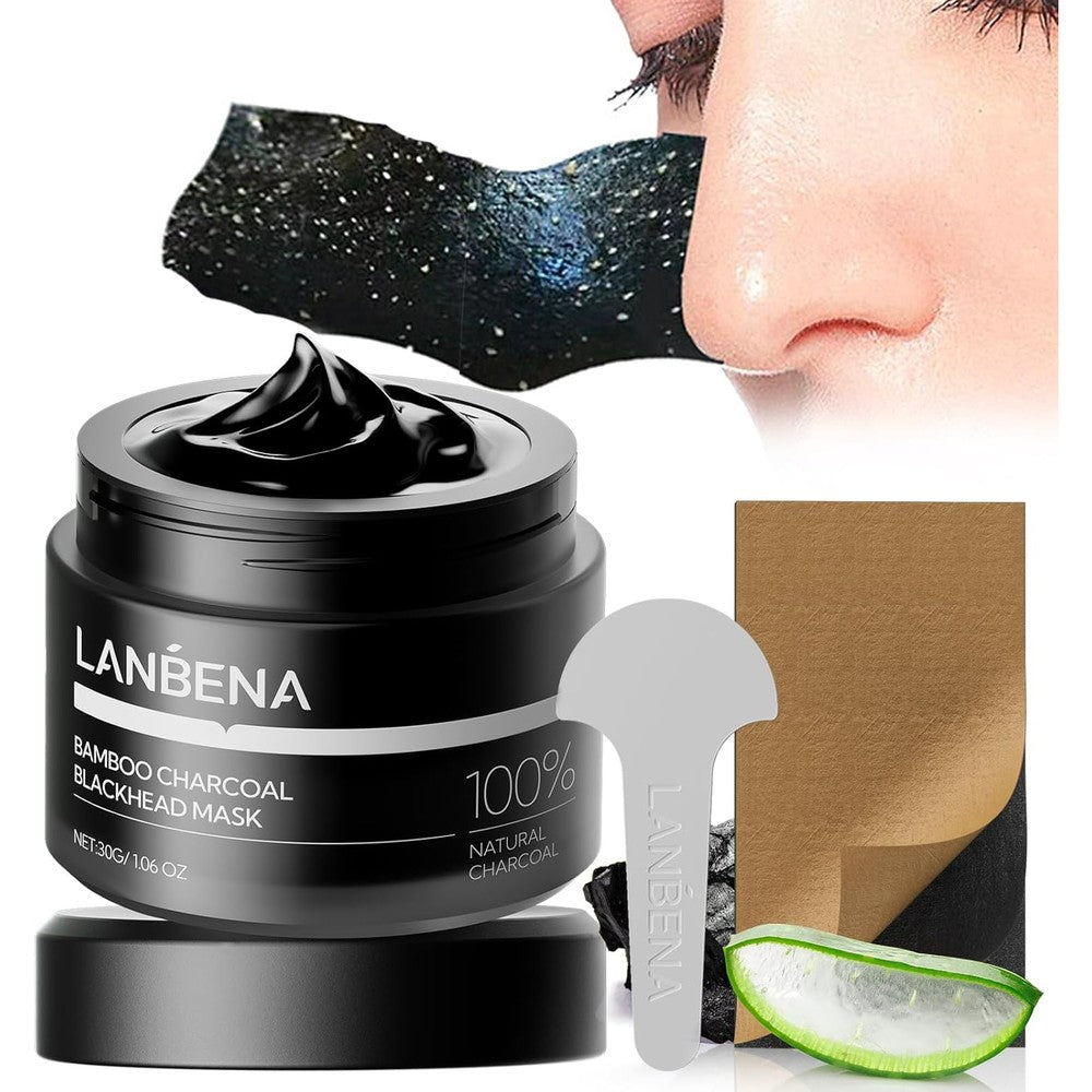 LANBENA Upgraded 2.0 Bamboo Charcoal Blackhead Remover Mask packaging front view showing the product jar and nose strips.