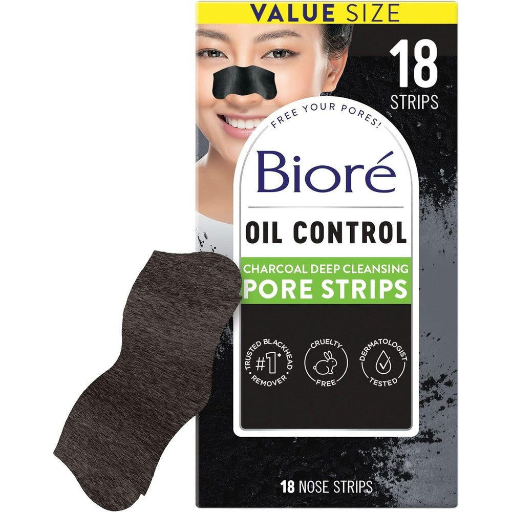 Bioré Charcoal Deep Cleansing Pore Strips 18 Count front view packaging showcasing blackhead removal benefits.