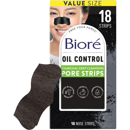 Bioré Charcoal Deep Cleansing Pore Strips 18 Count front view packaging showcasing blackhead removal benefits.