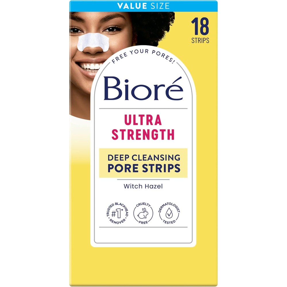 Bioré Witch Hazel Ultra Strength Blackhead Remover Pore Strips 18 Count front view retail packaging