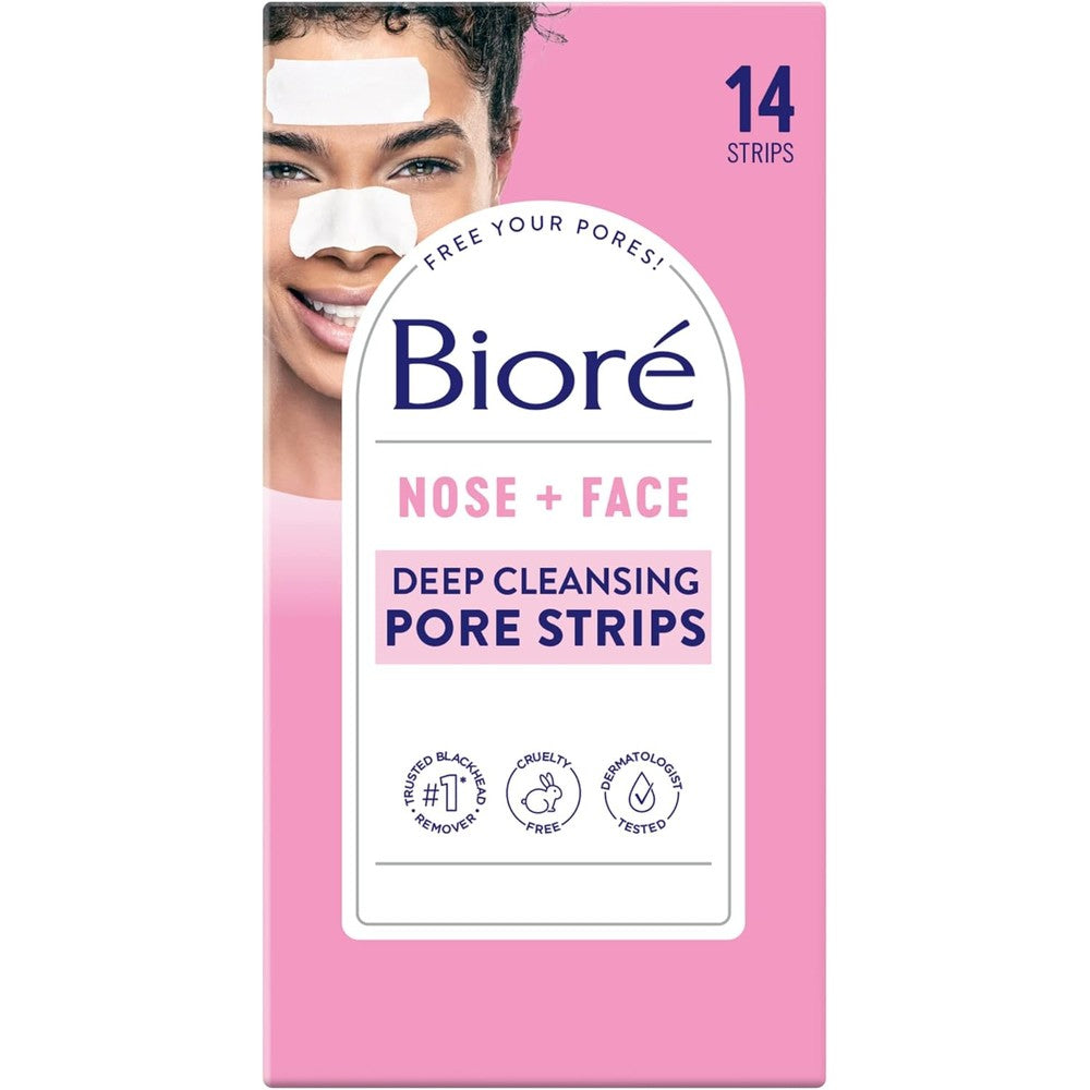 Bioré Nose Plus Face Blackhead Remover Pore Strips 14 Count front packaging view showcasing deep cleansing benefits.