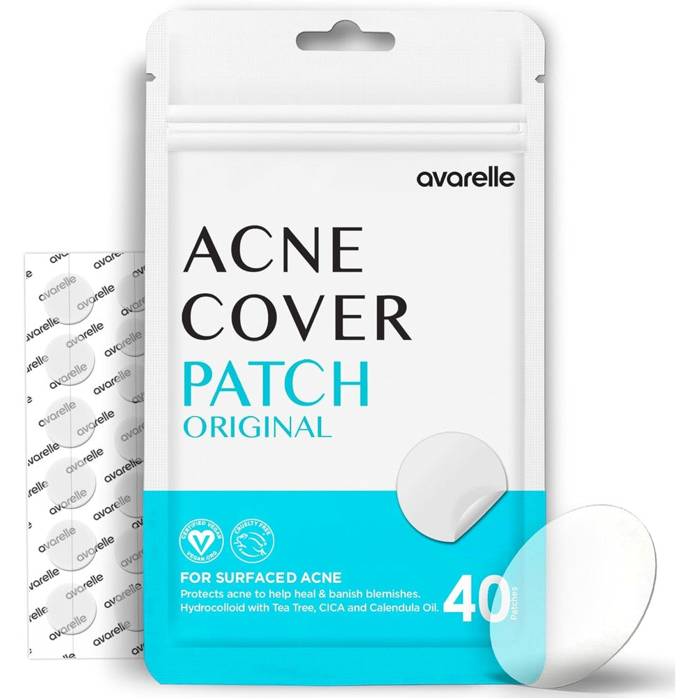 Avarelle Acne Cover Patch 40 Count front packaging displaying hydrocolloid pimple stickers.