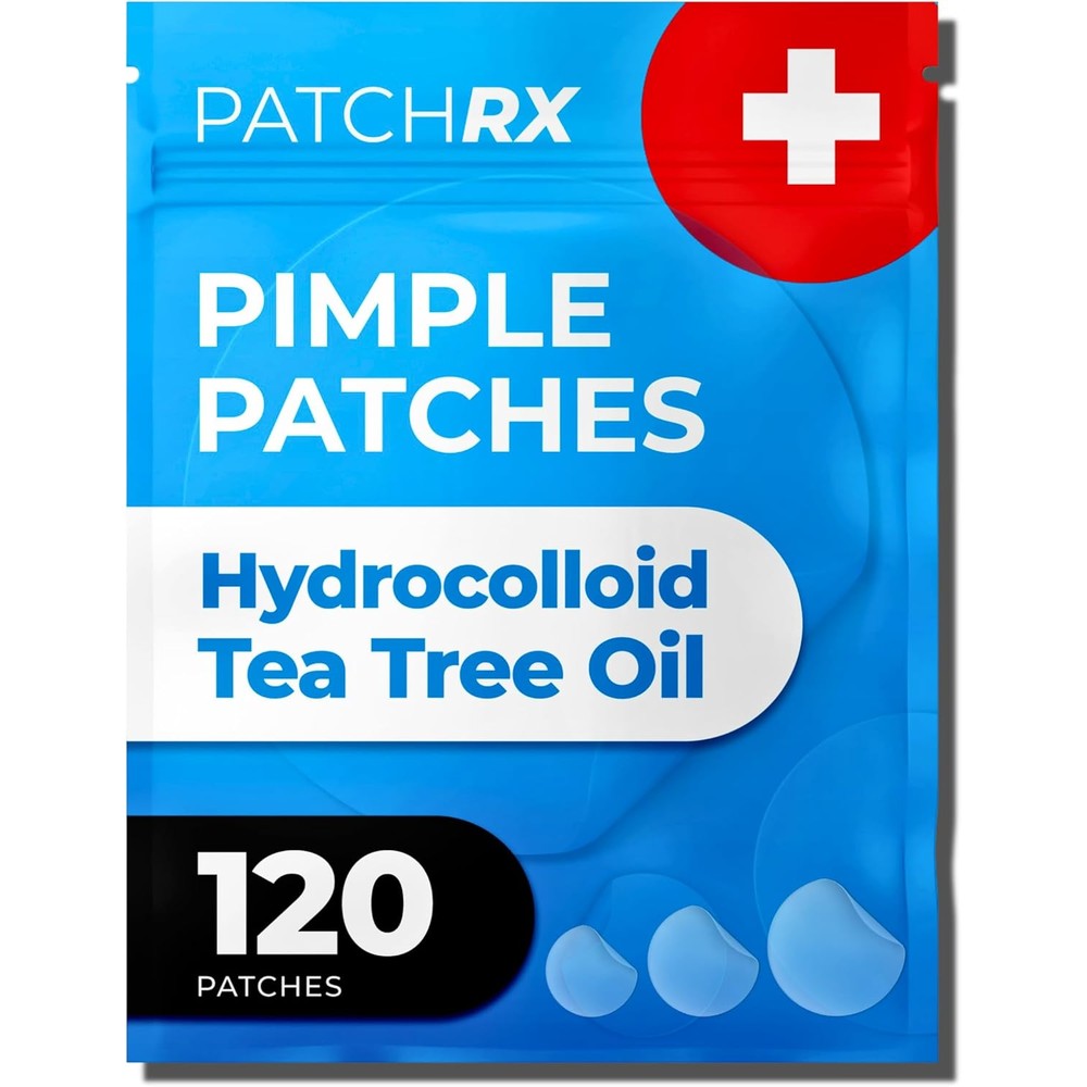 PatchRx Hydrocolloid Acne Pimple Patches 120 count retail packaging front view showcasing tea tree oil infusion benefits