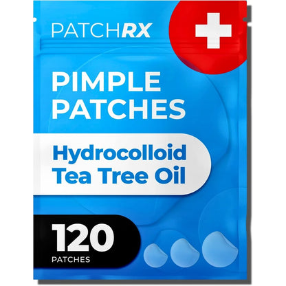 PatchRx Hydrocolloid Acne Pimple Patches 120 count retail packaging front view showcasing tea tree oil infusion benefits