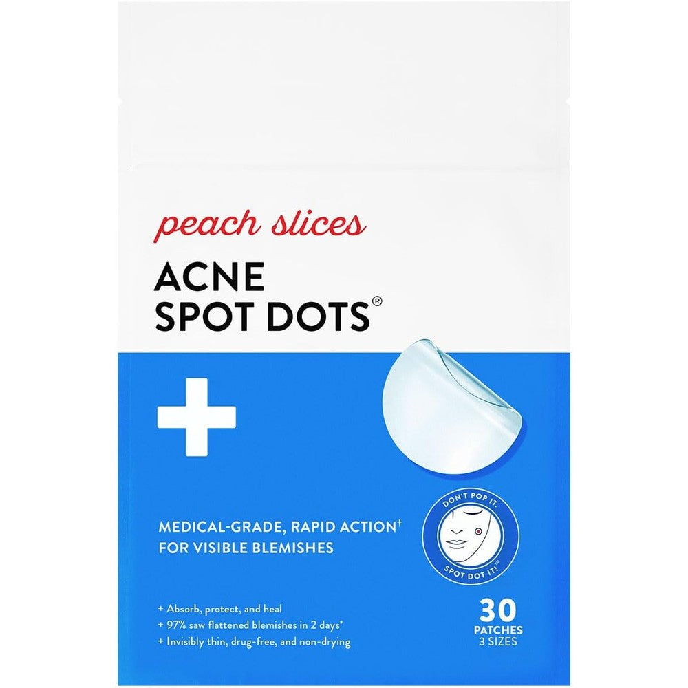 Peach Slices Acne Spot Dots thirty count retail packaging front view showcasing hydrocolloid pimple patches