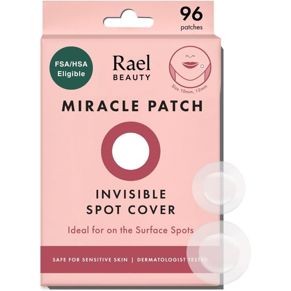 Rael Pimple Patches Miracle Invisible Spot Cover 96 count front packaging view showing hydrocolloid acne stickers.