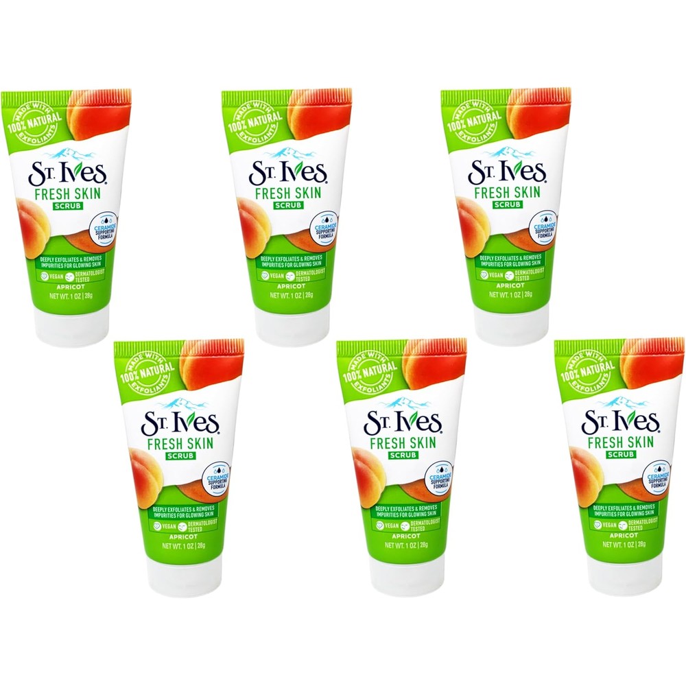 St. Ives Fresh Skin Apricot Face Scrub front view of travel size tubes