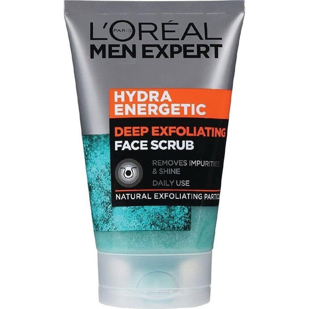 L'Oreal Paris Men Expert Hydra Energetic Deep Exfoliating Face Scrub 100ml front view bottle.