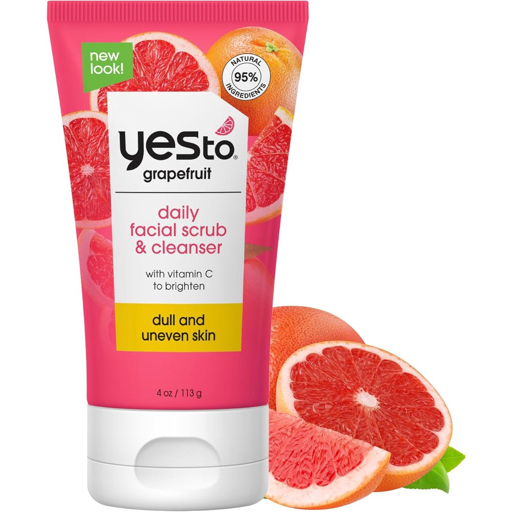 Yes To Grapefruit Daily Facial Scrub And Cleanser 4 Fluid Ounces front view tube showcasing brightening ingredients.