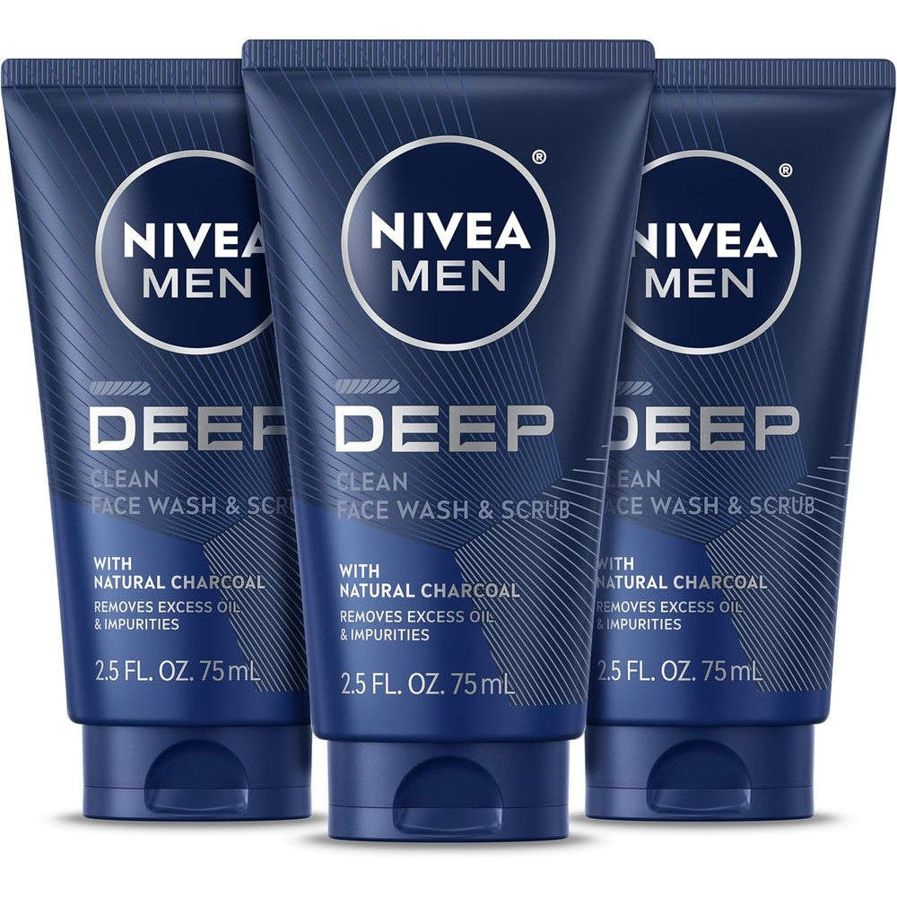 NIVEA MEN Deep Clean Face Wash and Scrub pack of three front view