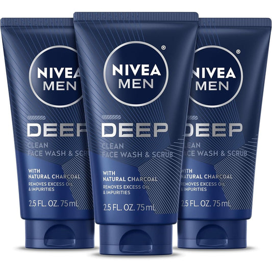 NIVEA MEN Deep Clean Face Wash and Scrub pack of three front view