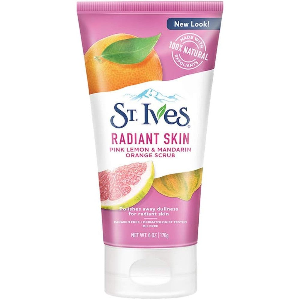 St. Ives Radiant Skin Face Scrub front view showing the pink lemon and mandarin orange packaging.