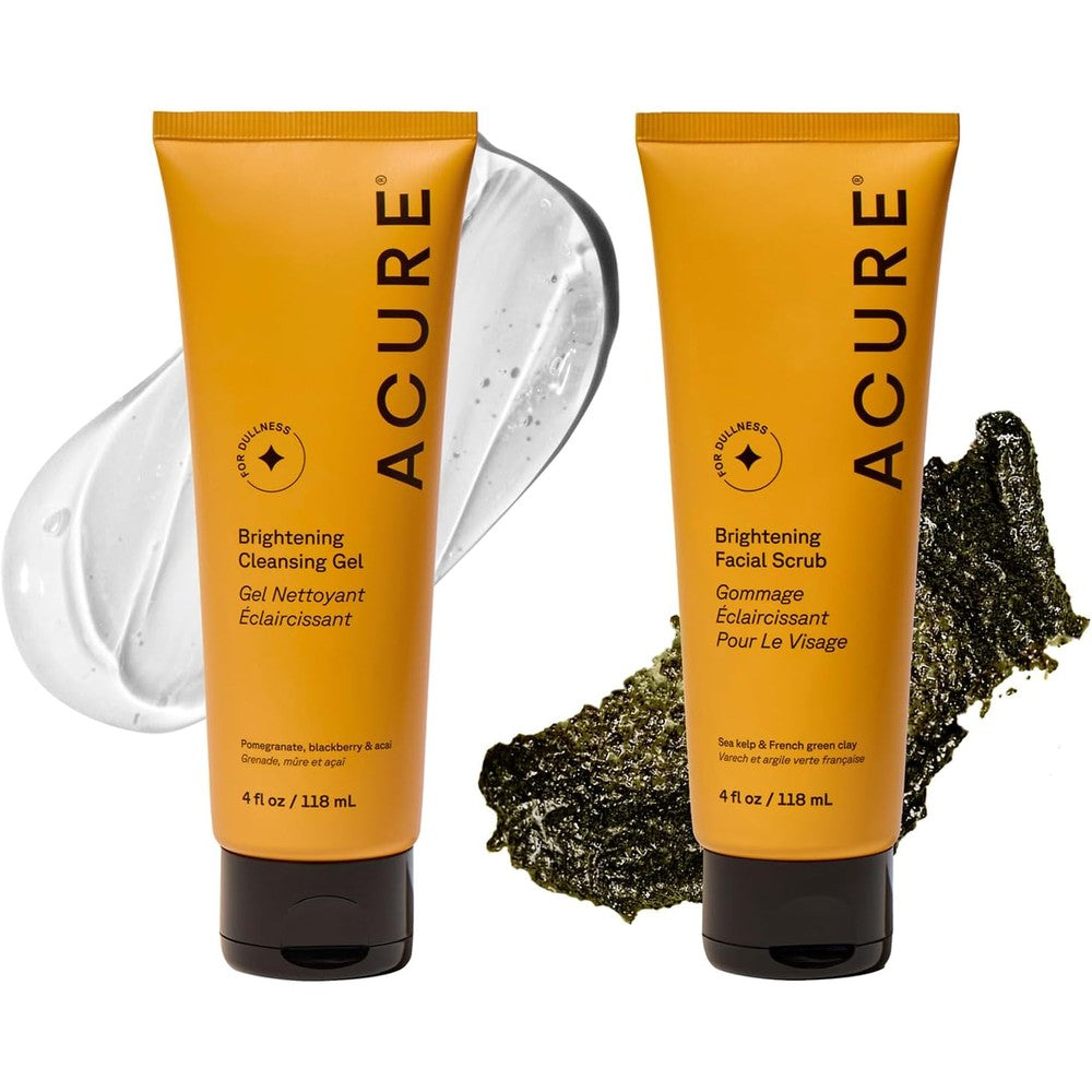 Acure Brightening Facial Scrub and Cleansing Gel Combo Pack front view showing the product packaging.