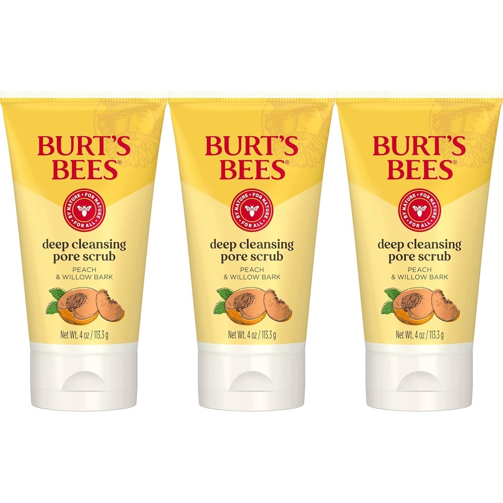 Burt's Bees Peach and Willow Bark Deep Pore Scrub front view pack of three