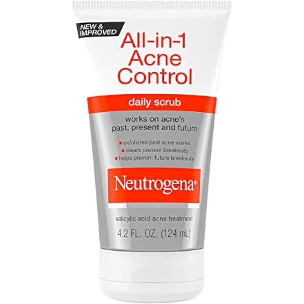 Neutrogena All-In-1 Acne Control Daily Face Scrub front view packaging for acne treatment.