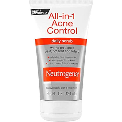 Neutrogena All-In-1 Acne Control Daily Face Scrub front view packaging for acne treatment.
