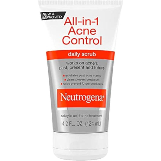 Neutrogena All-In-1 Acne Control Daily Face Scrub front view packaging for acne treatment.