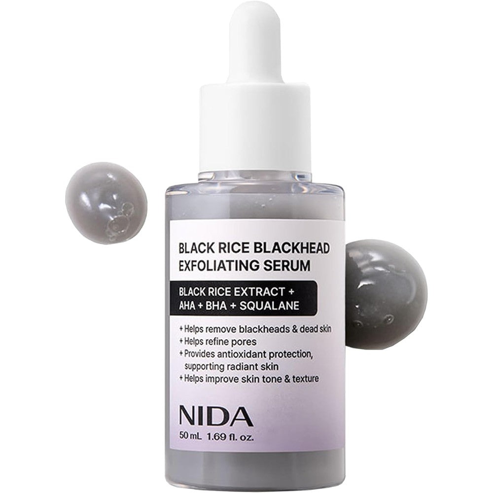 NIDA Black Rice Blackhead Exfoliating Serum 50ml front view of bottle for Korean skincare routine