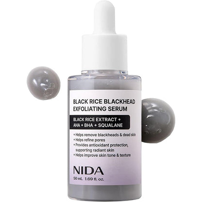 NIDA Black Rice Blackhead Exfoliating Serum 50ml front view of bottle for Korean skincare routine