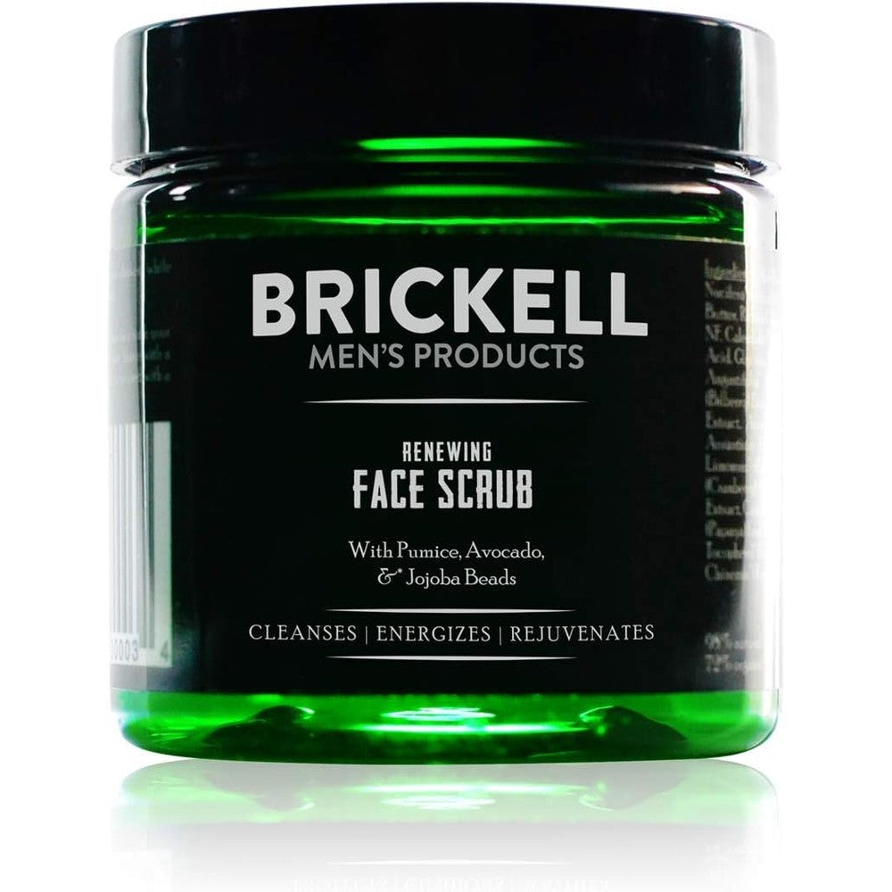 Brickell Men's Products Renewing Face Scrub 4 fluid ounces front view green jar