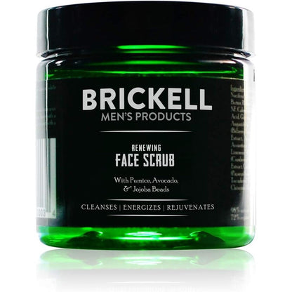 Brickell Men's Products Renewing Face Scrub 4 fluid ounces front view green jar