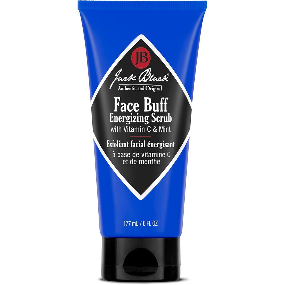 Jack Black Face Buff Energizing Scrub 6 Fluid Ounce front view bottle showing premium men grooming product packaging.