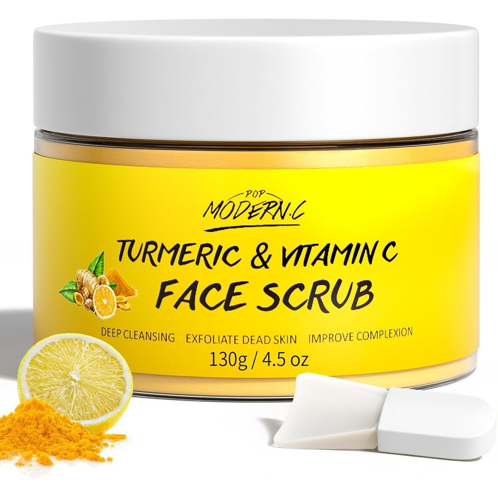 POP MODERN.C Vitamin C and Turmeric Face Scrub 130g jar front view showing natural brightening exfoliator formula.