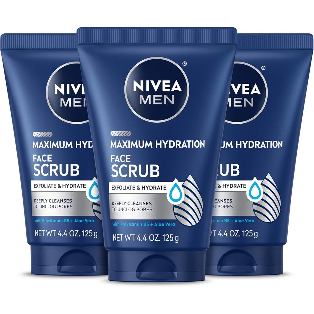 Nivea Men Maximum Hydration Face Scrub front view of three pack tubes