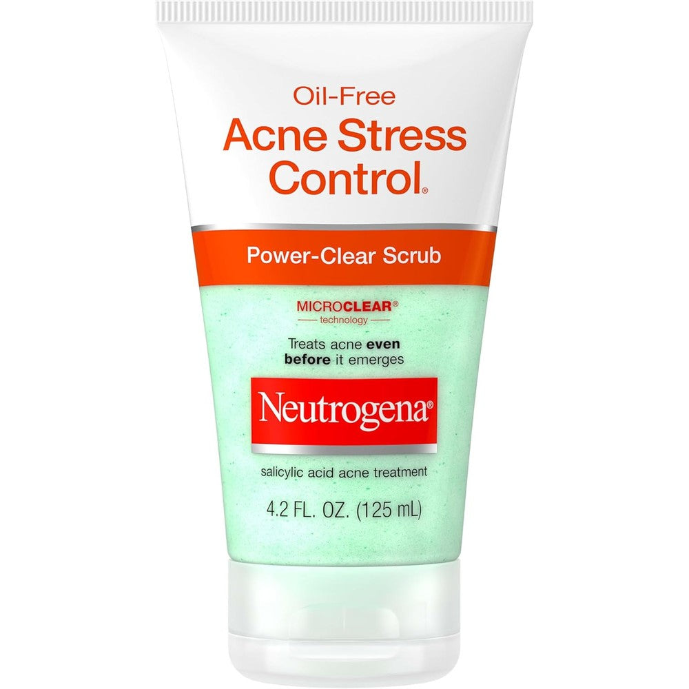 Neutrogena Oil-Free Acne Stress Control Power-Clear Scrub front view showing the product packaging.