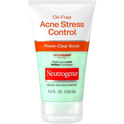 Neutrogena Oil-Free Acne Stress Control Power-Clear Scrub front view showing the product packaging.