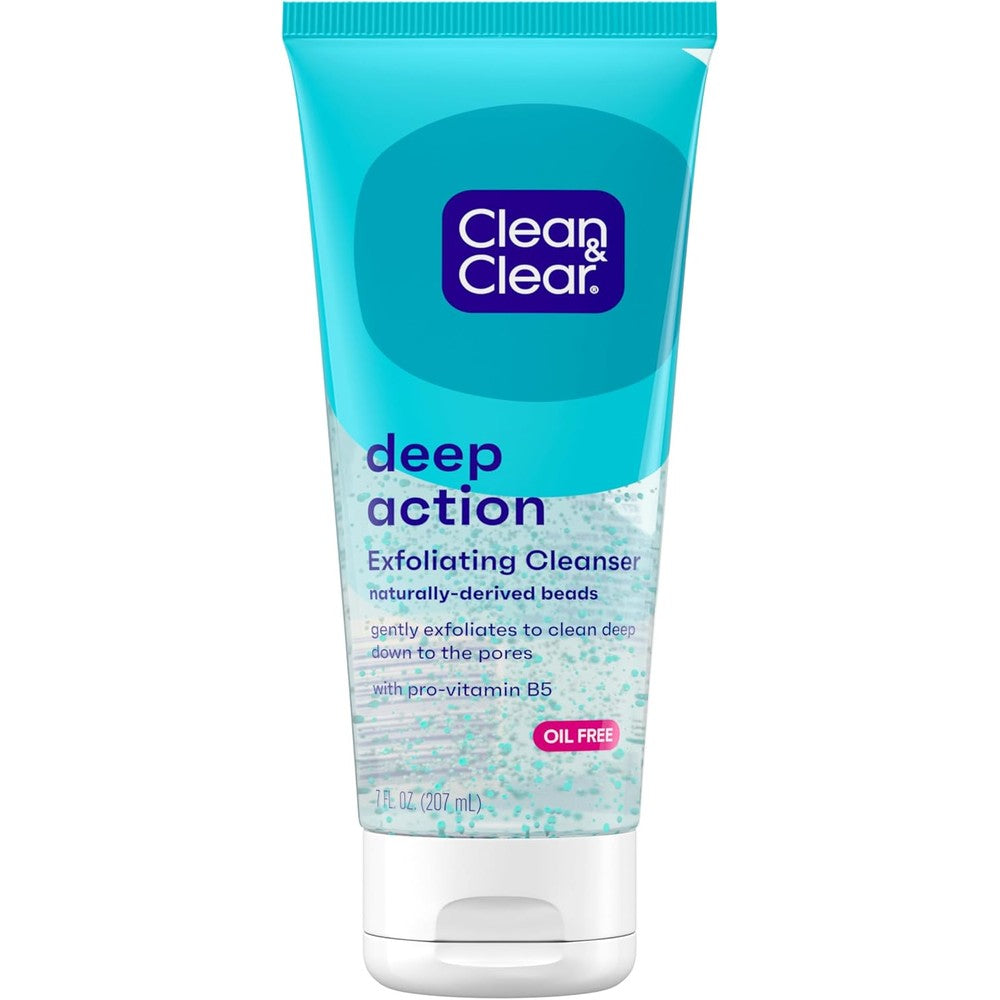 Clean and Clear Deep Action Exfoliating Facial Cleanser front view tube showing pro-vitamin b5 skincare benefits