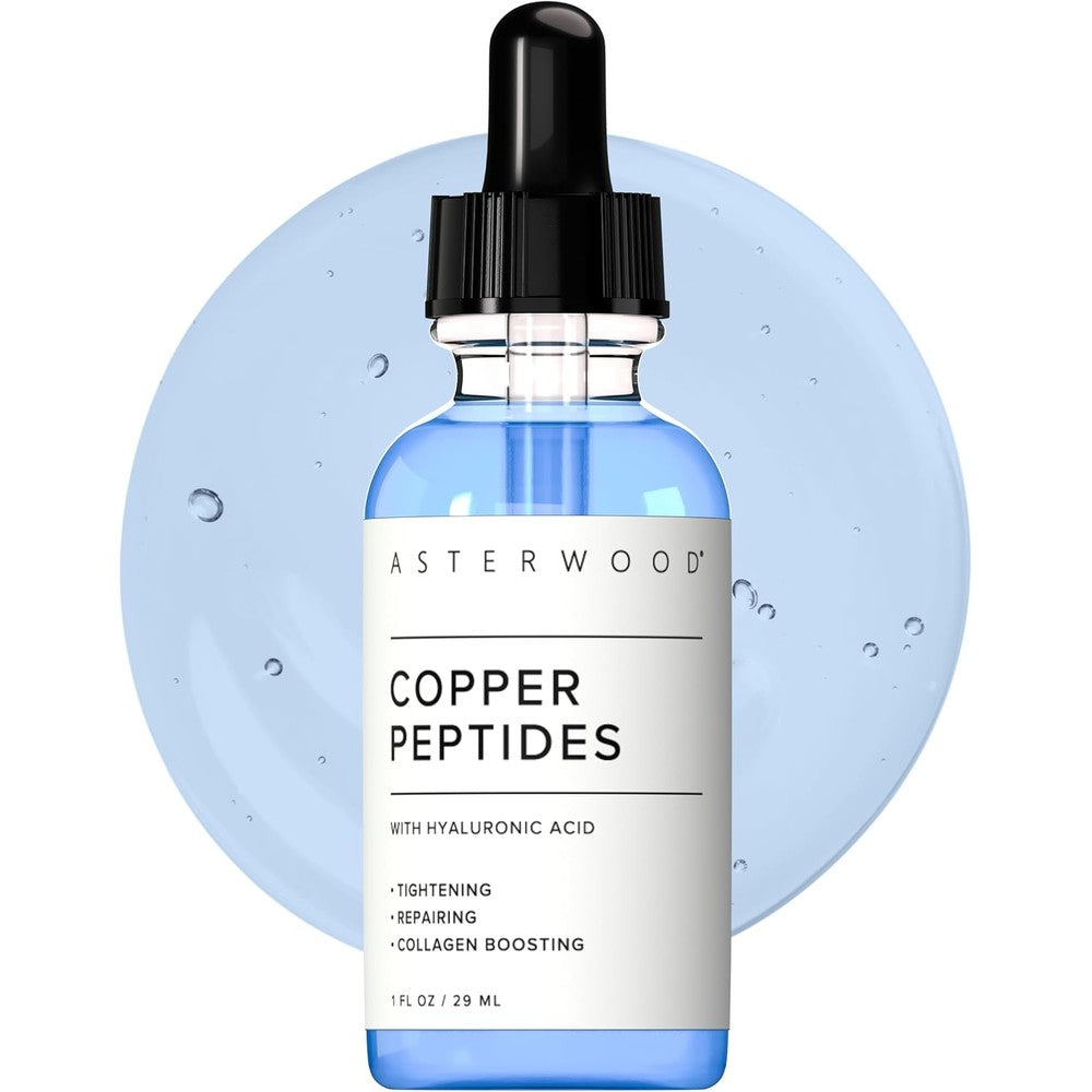 Asterwood Copper Peptides Serum front view of the clear 1 fluid ounce bottle with dropper.