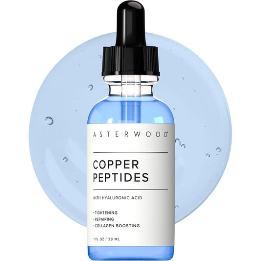 Asterwood Copper Peptides Serum front view of the clear 1 fluid ounce bottle with dropper.