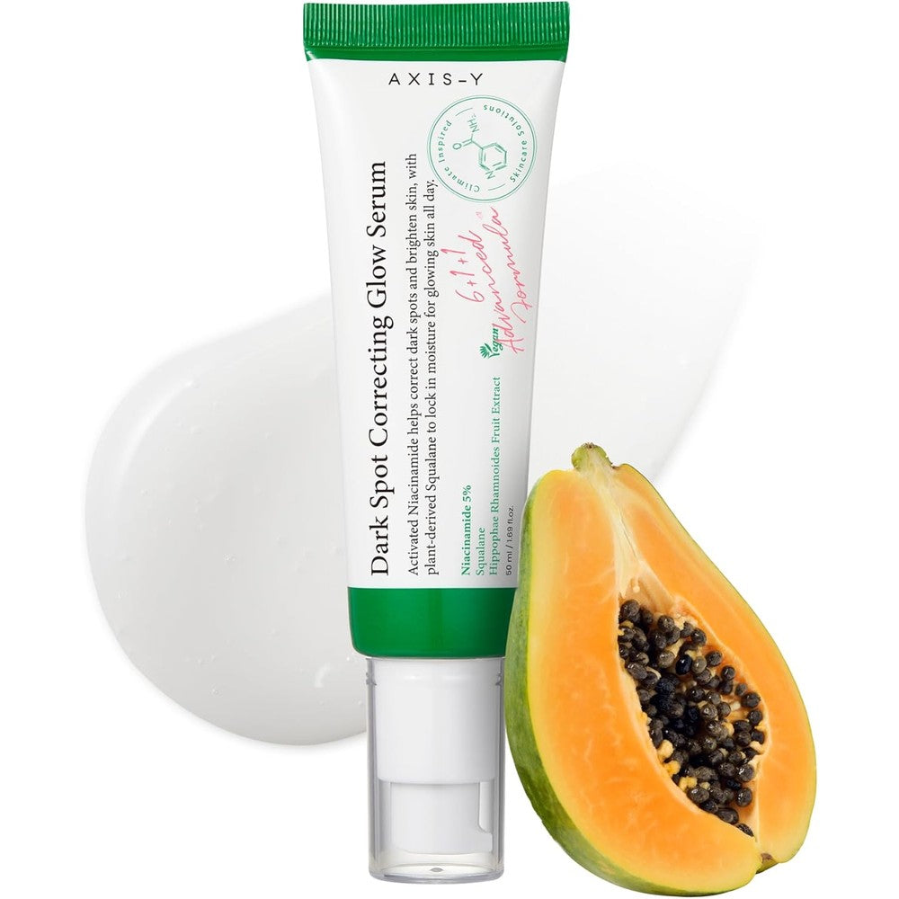 AXIS-Y Dark Spot Correcting Glow Serum front view bottle for hyperpigmentation treatment.