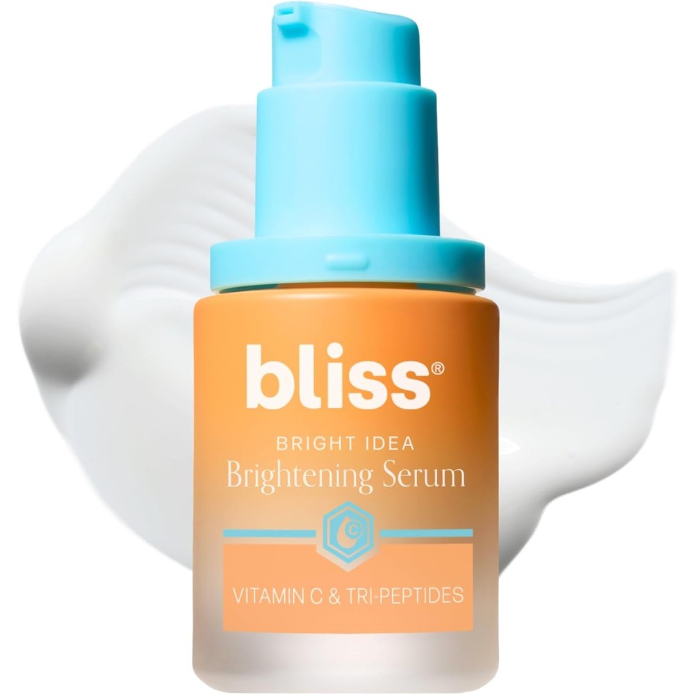 Bliss Bright Idea Vitamin C and Tri-Peptide face serum front view showing bright orange bottle and blue pump.
