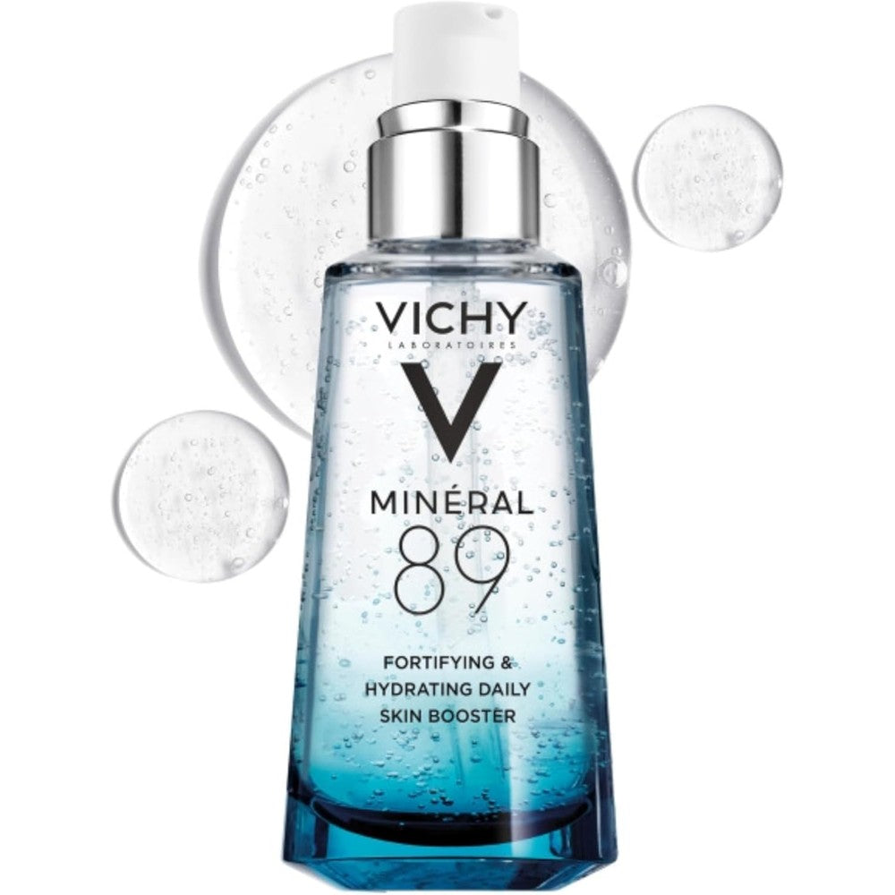 Vichy Mineral 89 Booster front view bottle showcasing the blue gradient glass packaging.