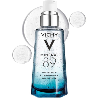 Vichy Mineral 89 Booster front view bottle showcasing the blue gradient glass packaging.