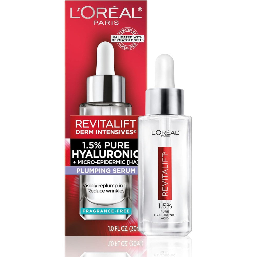L'Oreal Paris Revitalift Pure Hyaluronic Acid Serum front view bottle on a clean background