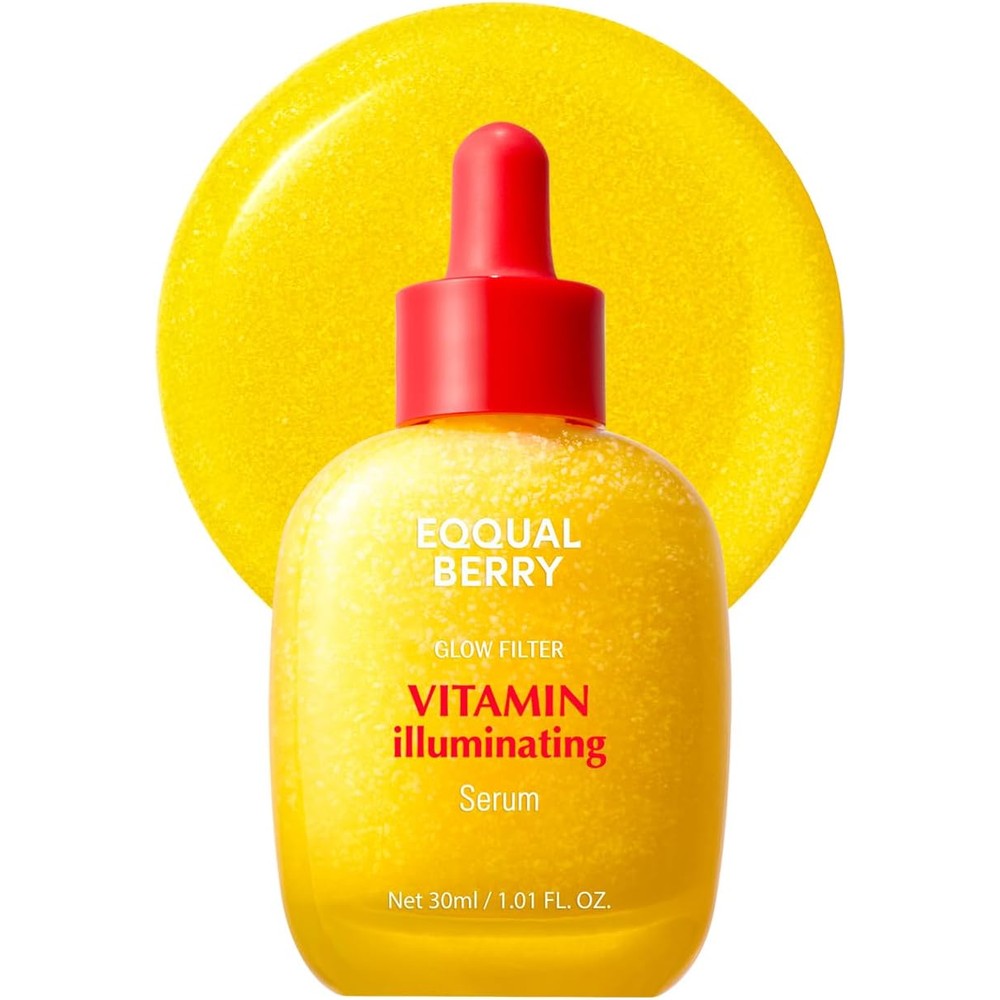 Eqqualberry Vitamin Illuminating Serum front view of the 30ml glass dropper bottle showcasing the yellow brightening formula.
