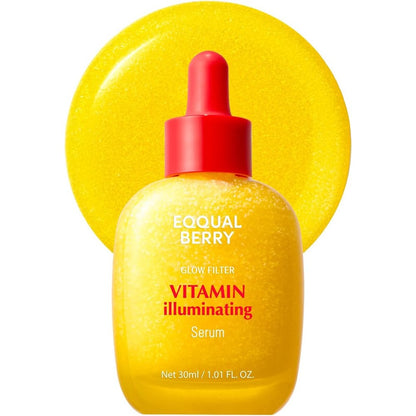 Eqqualberry Vitamin Illuminating Serum front view of the 30ml glass dropper bottle showcasing the yellow brightening formula.