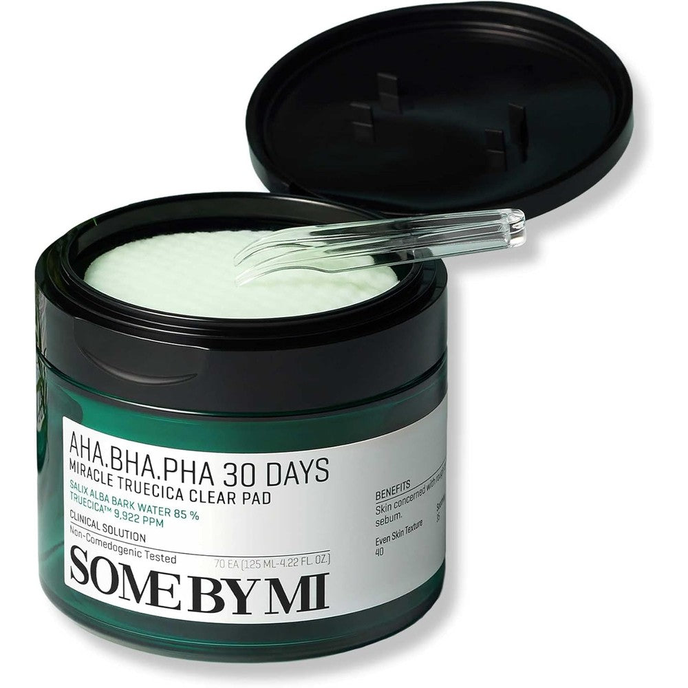SOME BY MI AHA BHA PHA 30 Days Miracle Truecica Clear Pad front packaging on a clean background for Korean exfoliating skincare