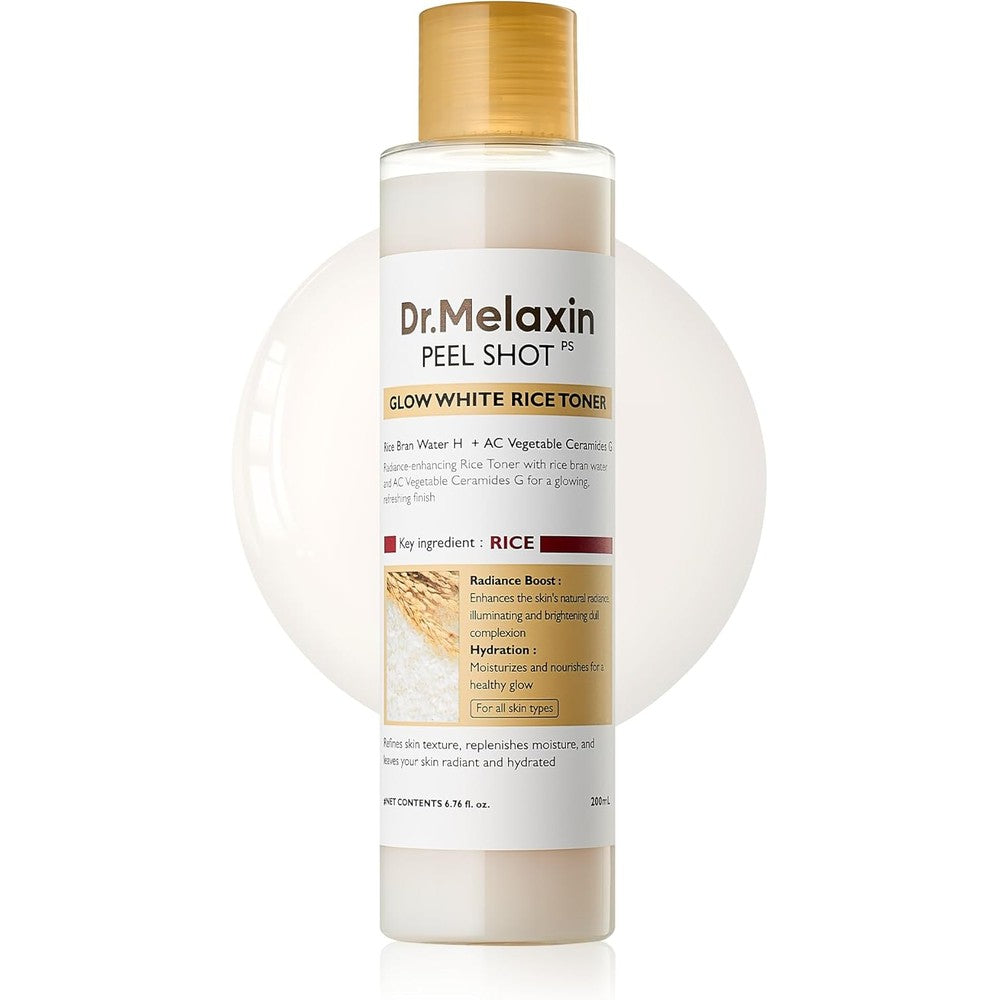 Dr.Melaxin Peel Shot Glow Rice Toner for achieving a hydrated Korean glass skin glow