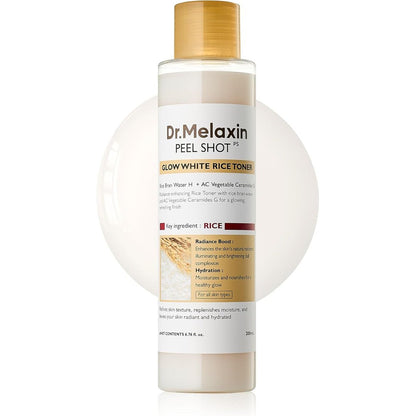 Dr.Melaxin Peel Shot Glow Rice Toner for achieving a hydrated Korean glass skin glow