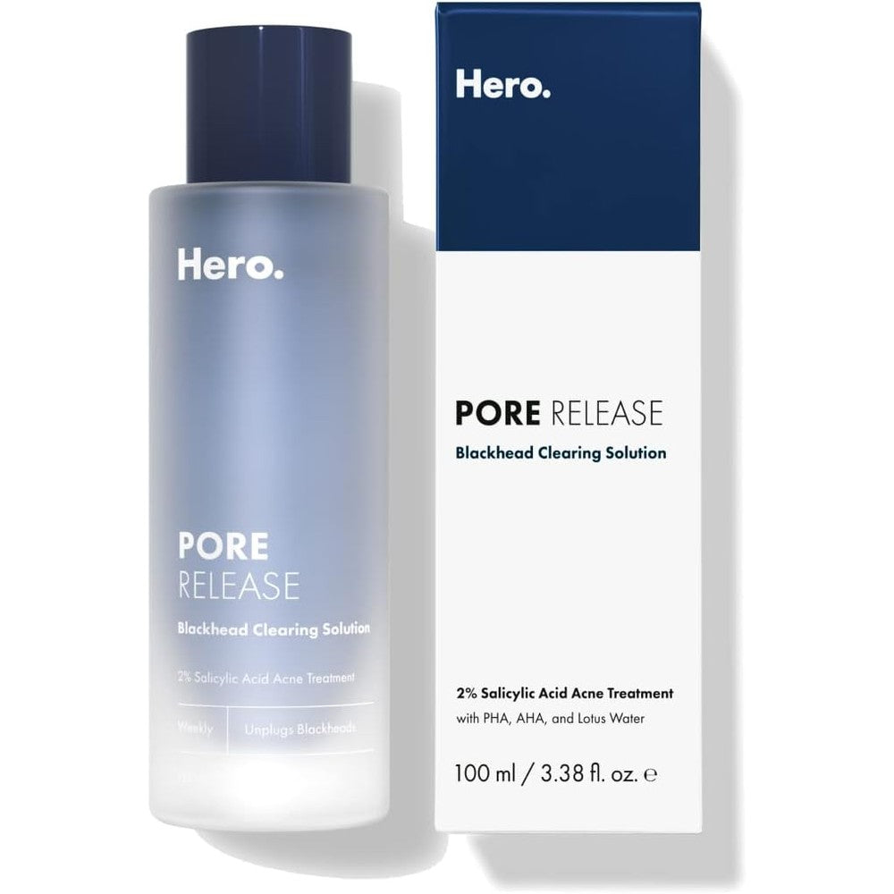Hero Cosmetics Pore Release Blackhead Clearing Solution front view of the one hundred milliliter bottle on a clean background