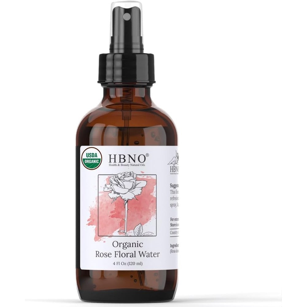 HBNO California Bottled Organic Rose Water front view facial mist spray bottle