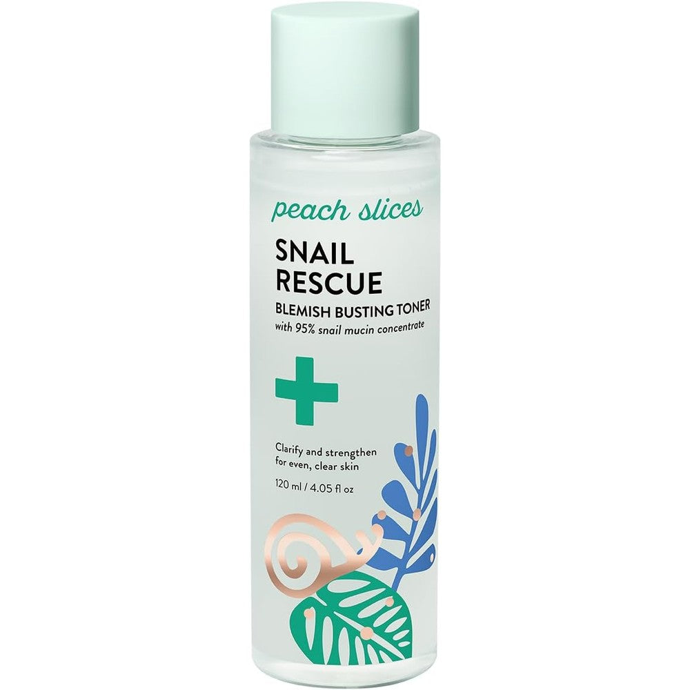 Peach Slices Snail Rescue Blemish Busting Toner front view bottle for Korean skincare routine